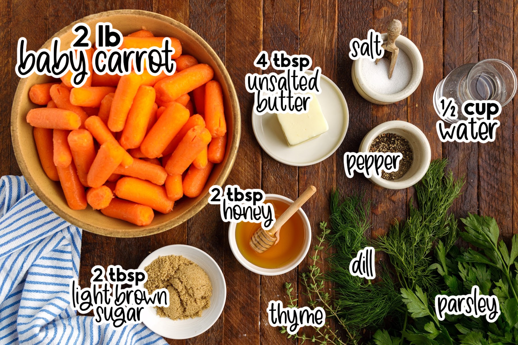 Individual ingredients needed to make honey glazed carrots, with text labels.