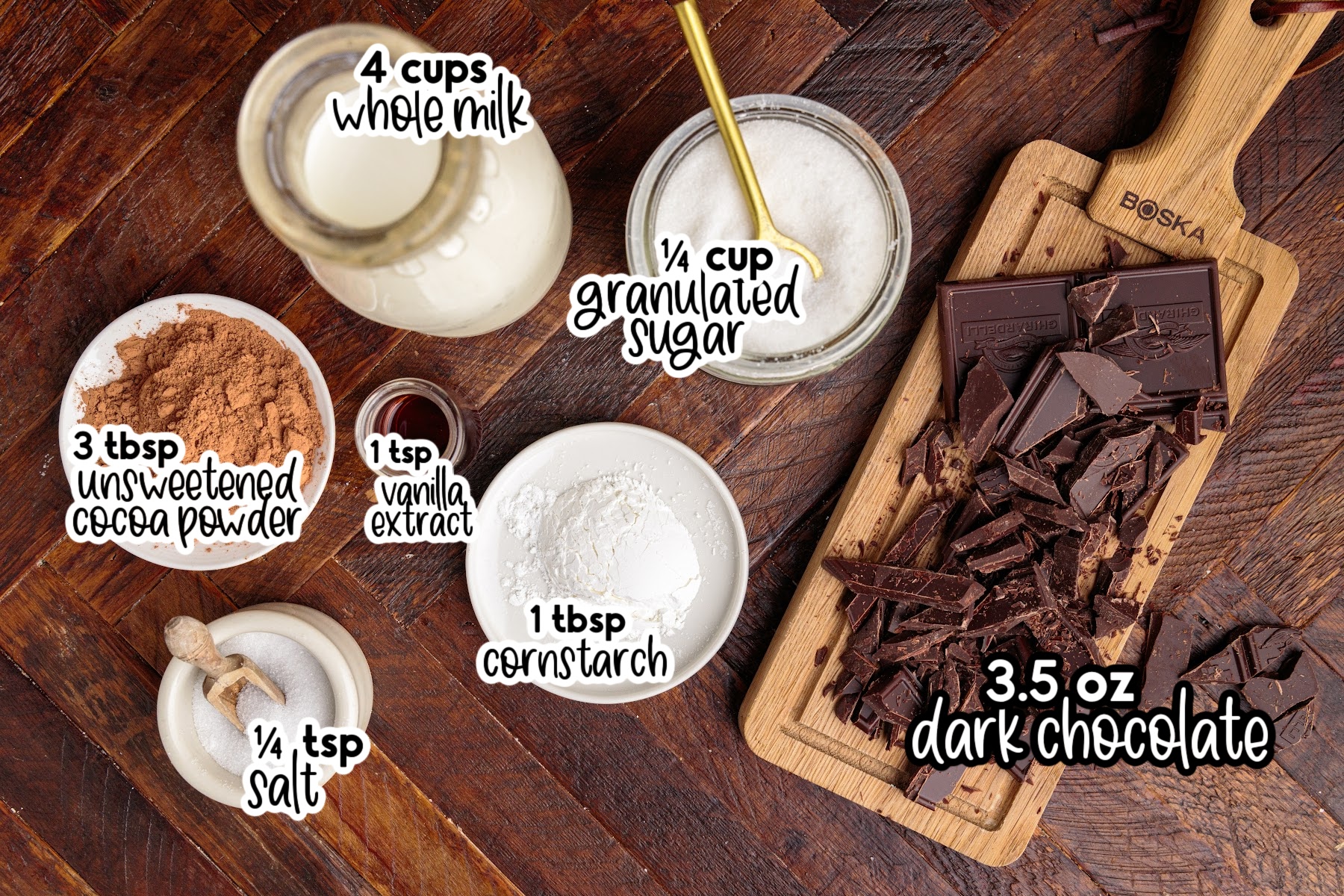 Individual ingredients needed to make Italian hot chocolate, with text labels.