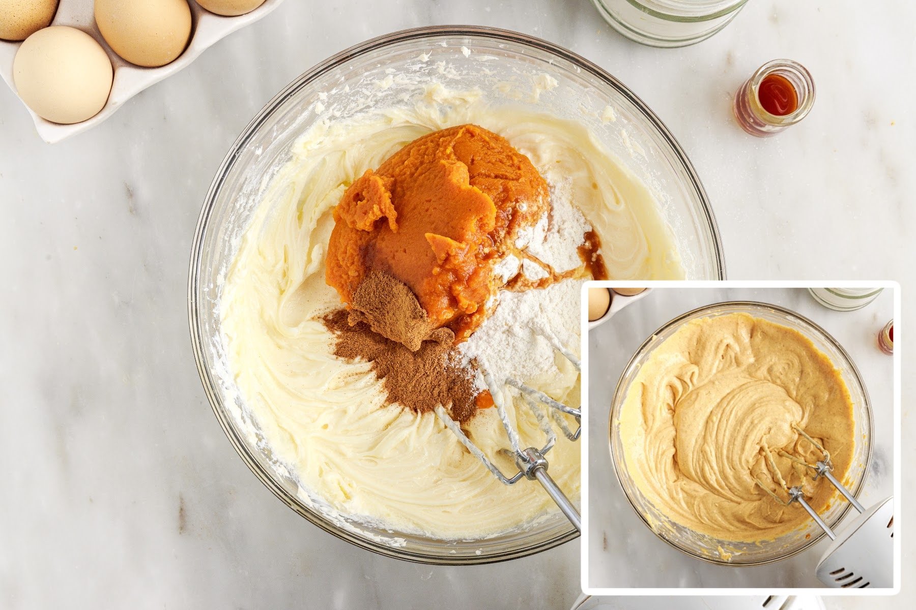 Photo collage of pumpkin puree, flour, and spices added to mixing bowl and combined pumpkin cheesecake batter.