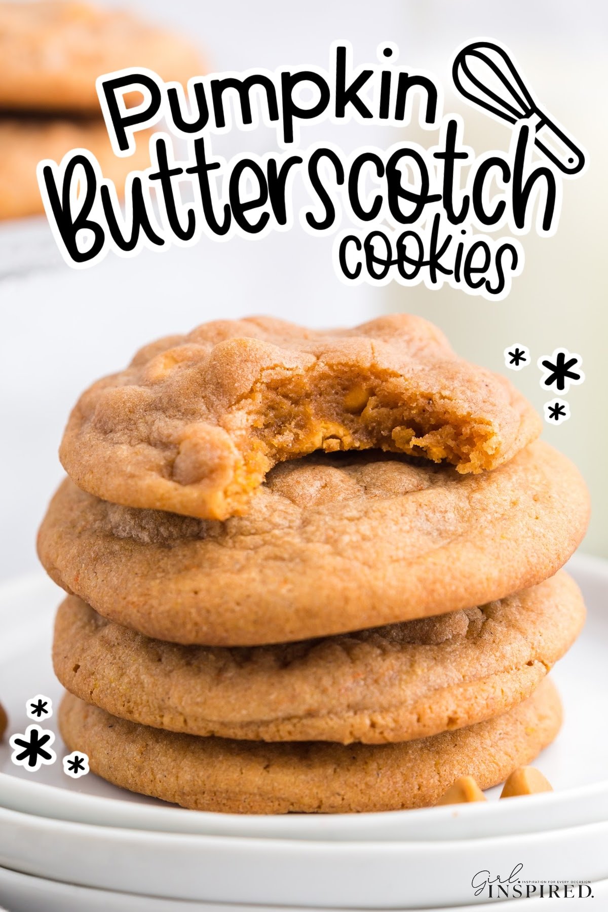 Stacked pumpkin butterscotch cookies with a bite from the otp cookie, and text overla "Pumpkin butterscotch cookies."