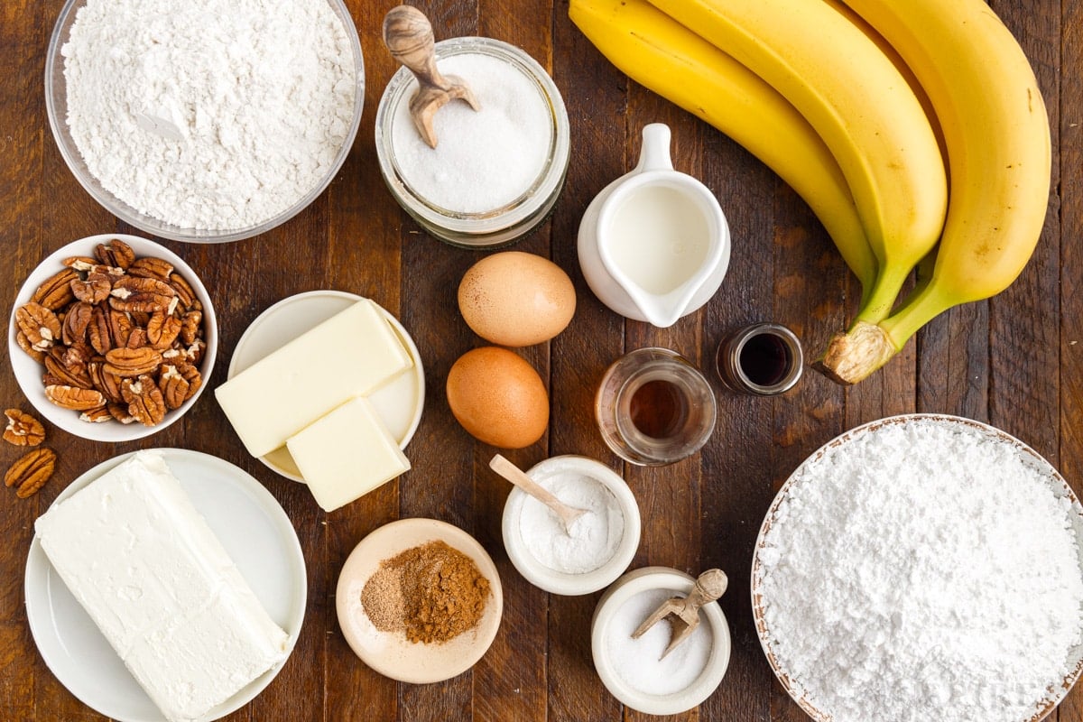 ingredients needed to make banana cake with cream cheese frosting