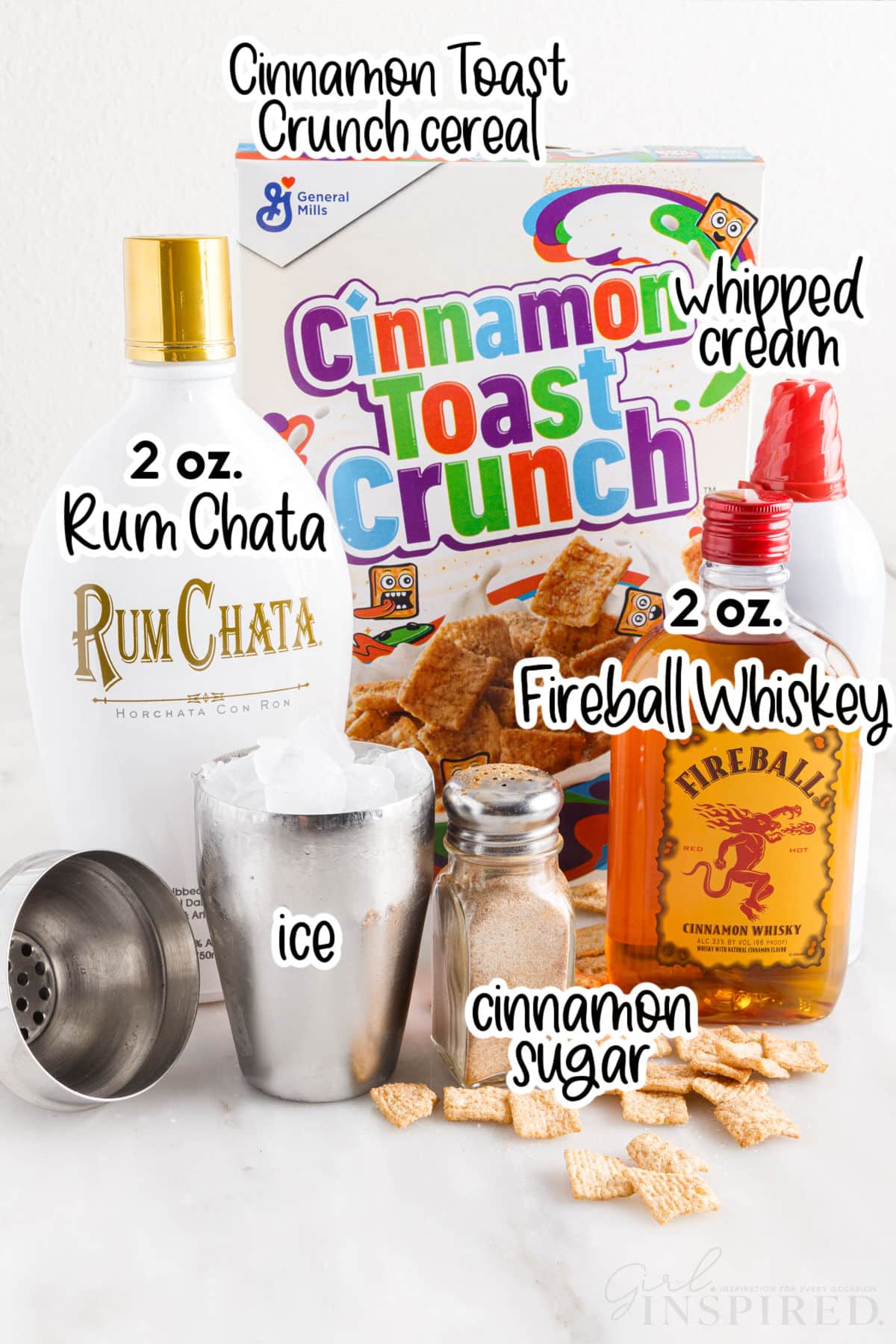 Box of cinnamon toast crunch, bottles of Rum Chata and Fireball, ice, cinnamon sugar, and spray whipped cream with text and amount labels.