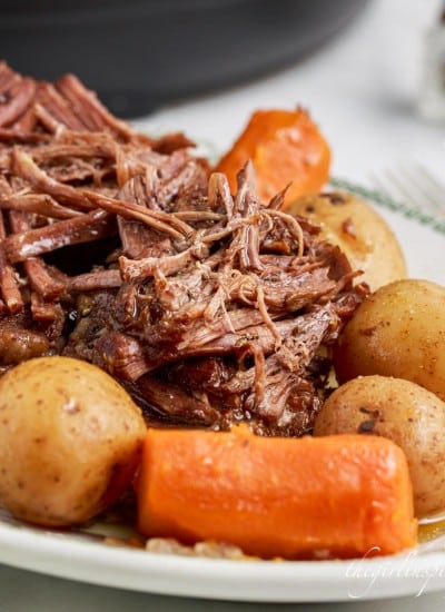 close up of instant pot pot roast with potatoes and carrots