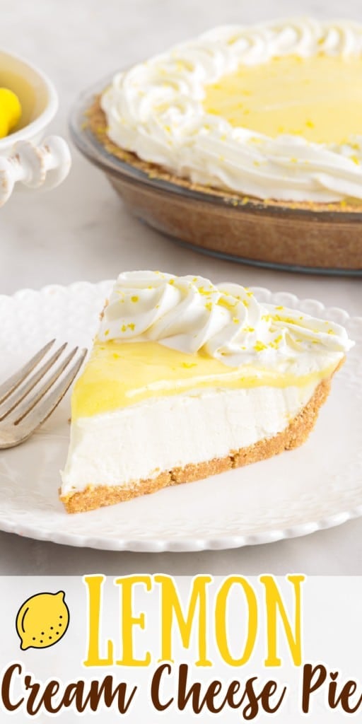 a slice of lemon cream cheese pie on a small plate with a fork
