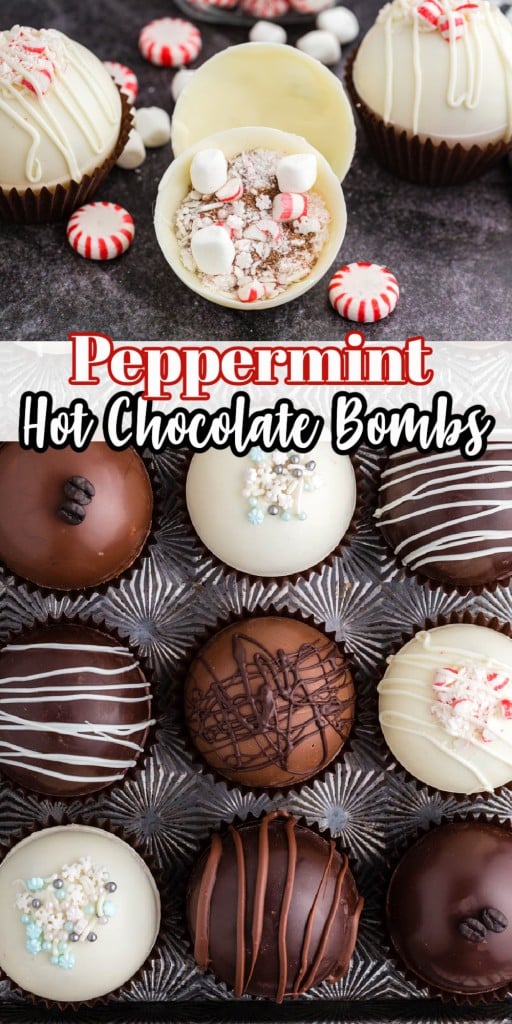 Assorted hot chocolate bombs on a metal tray, striped linen, on a dark marble countertop and an open peppermint hot chocolate bomb with candy cane toffees on top