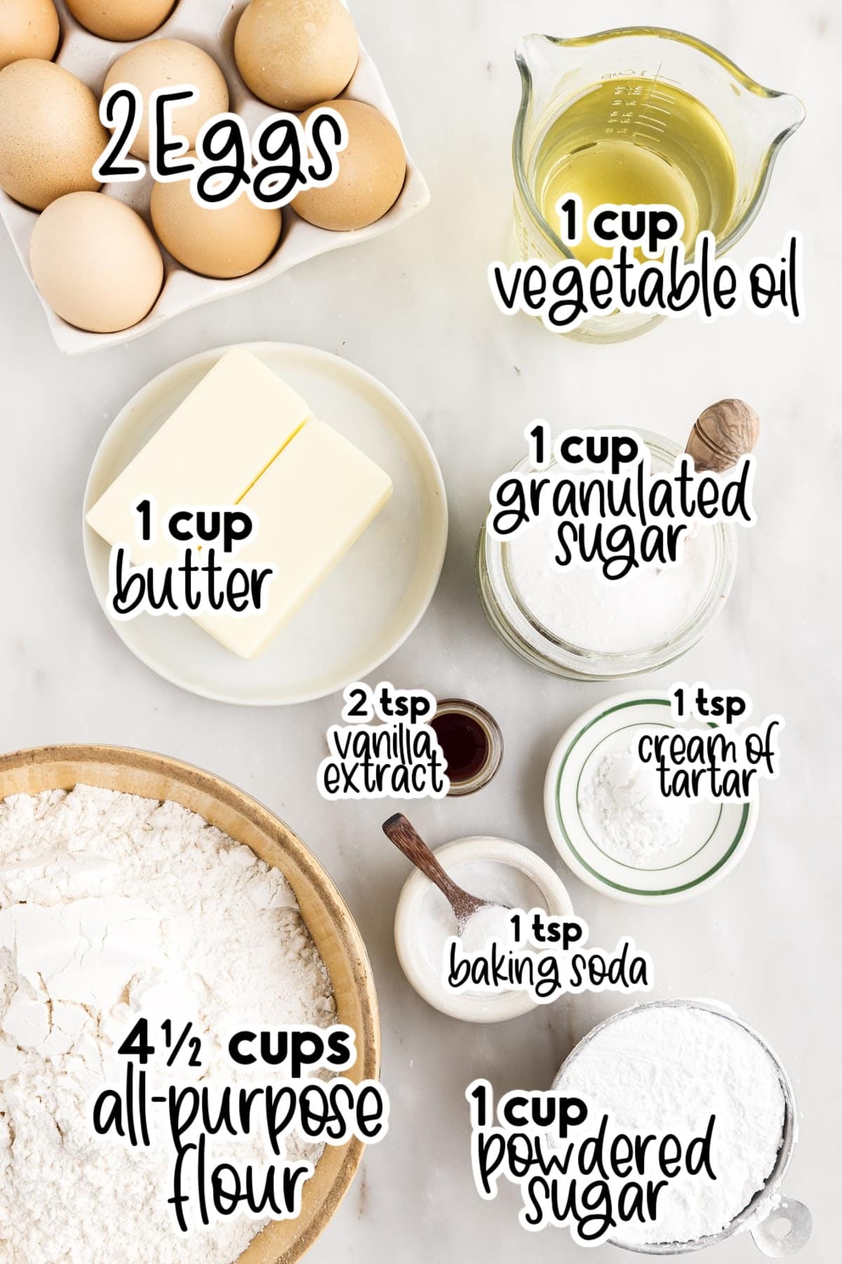 Individual ingredients for Amish sugar cookies with text labels.