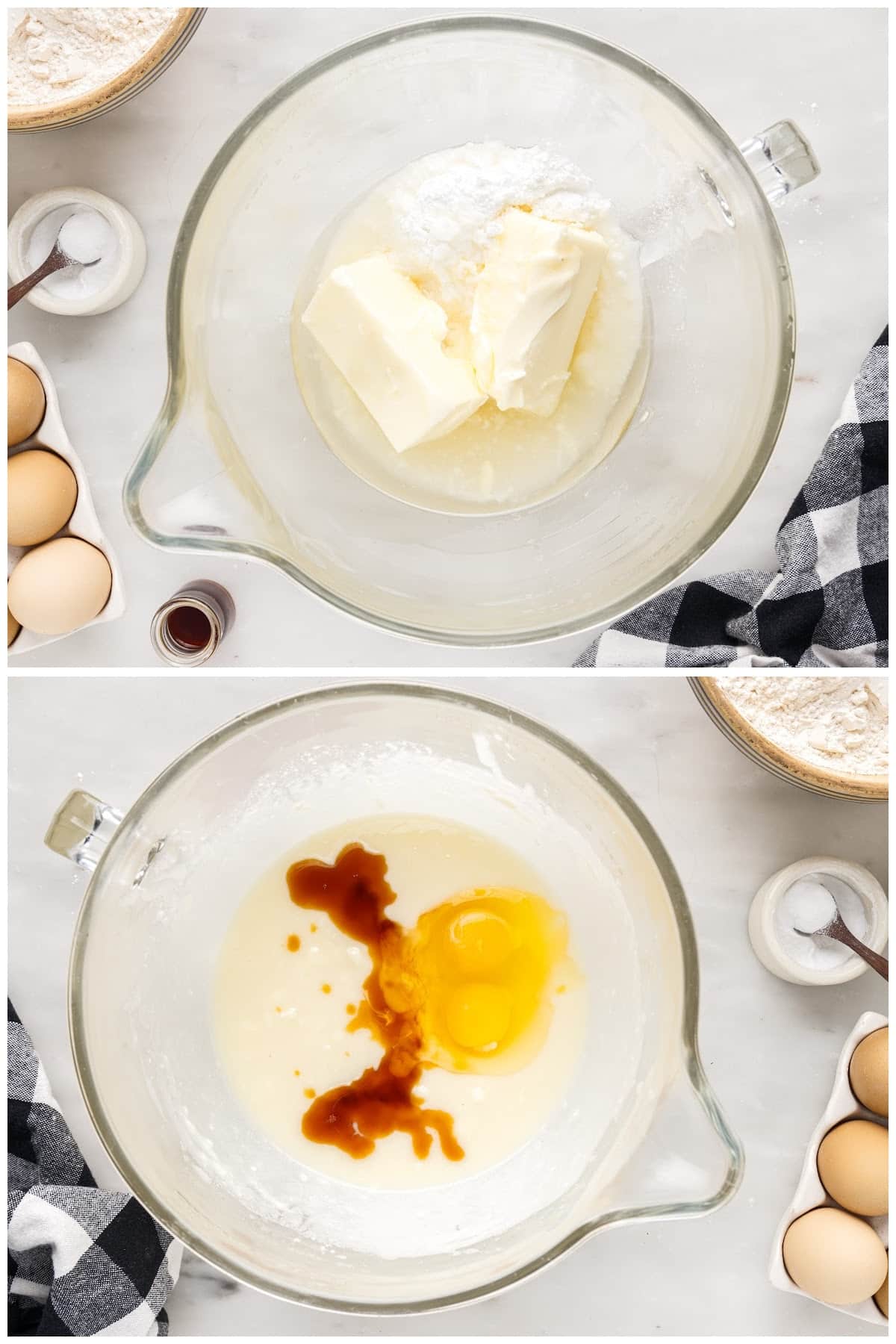 Photo collage of butter and sugars in mixing bowl and then eggs and vanilla added to creamed butter mixture.