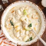 Large bowl of Creamy Chicken Gnocchi soup with a spoon in the bowl.