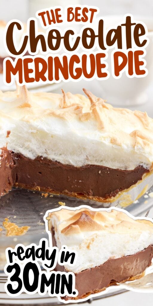 Completed Chocolate Meringue Pie with text overlay.