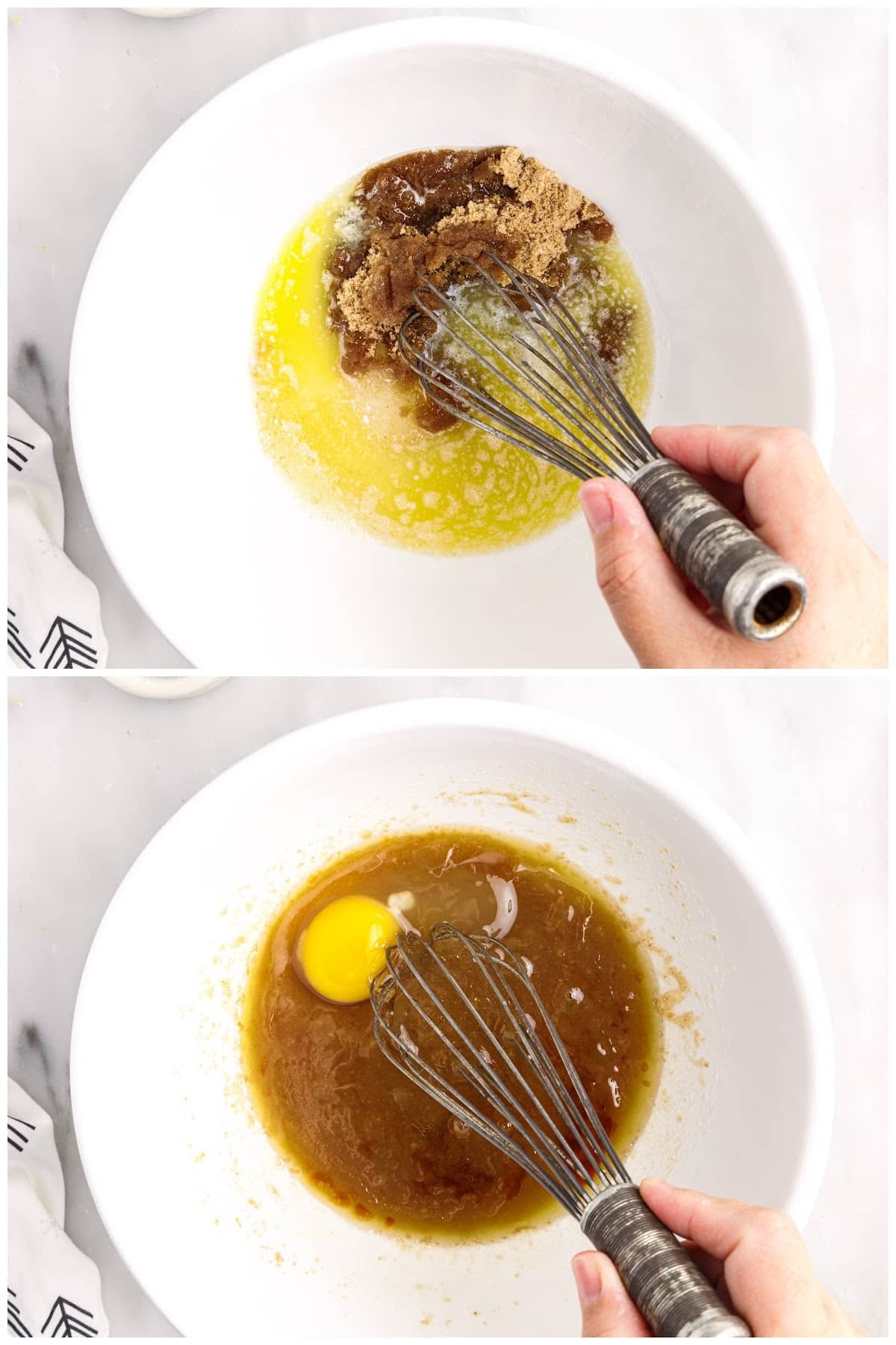 Collage whisking the sugar into the melted butter and then the egg into the melted butter.