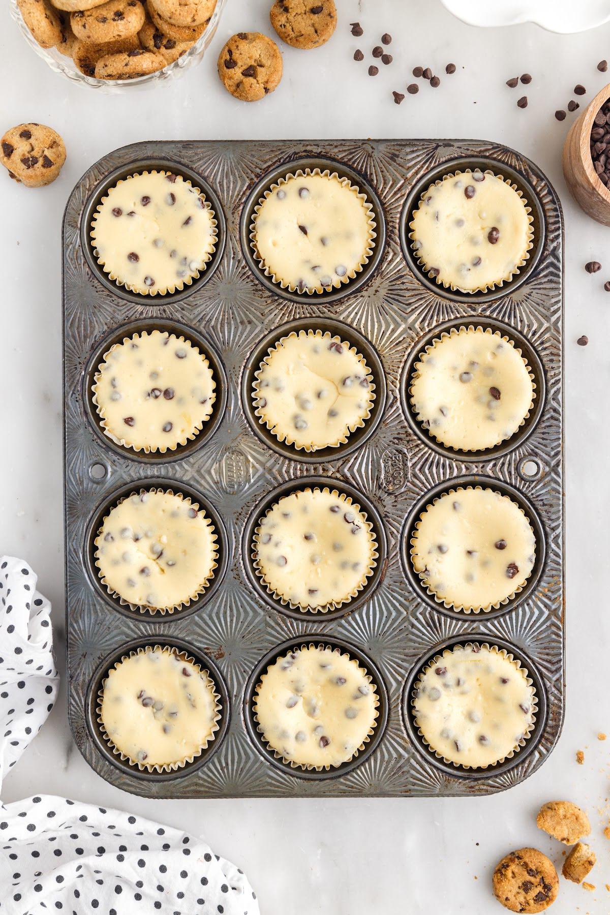Fully baked cheesecake batter in muffin tins.