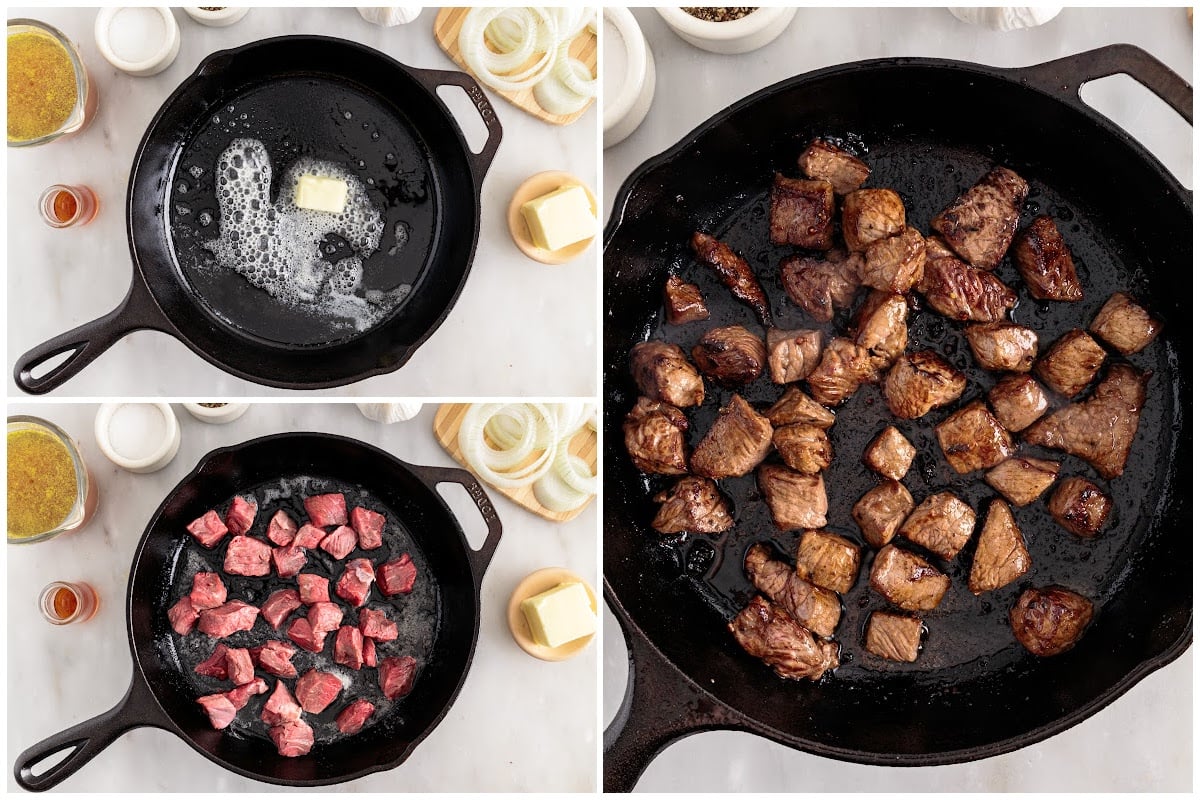 Photo collage of melting butter, raw steak bites, and browned steak bites in a cast iron skillet.