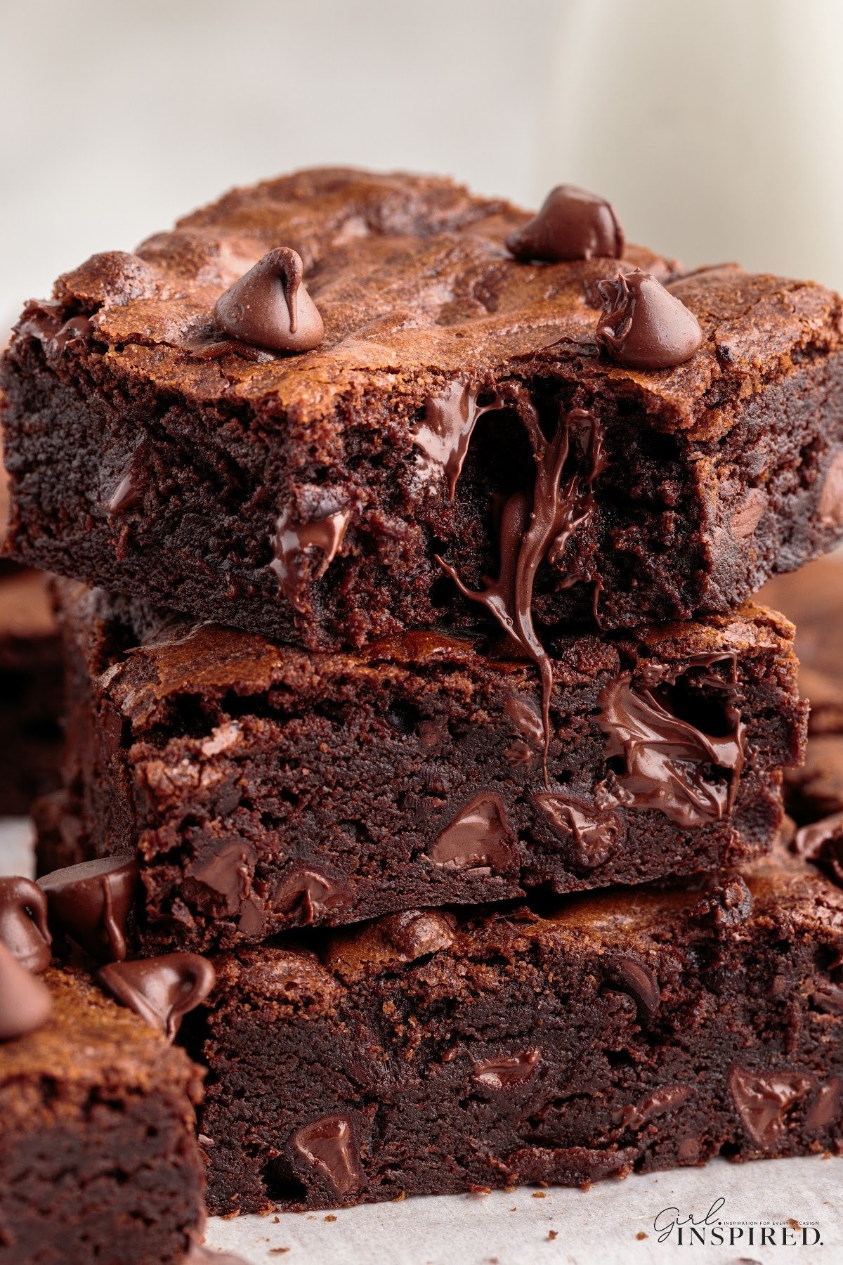 Thick and fudgy homemade brownies with chocolate chips.