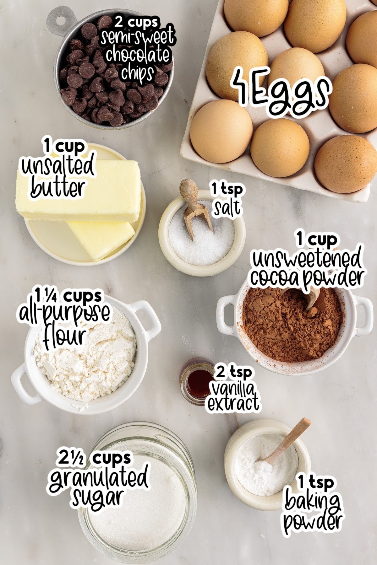 Ingredients labeled to make chewy homemade brownies.