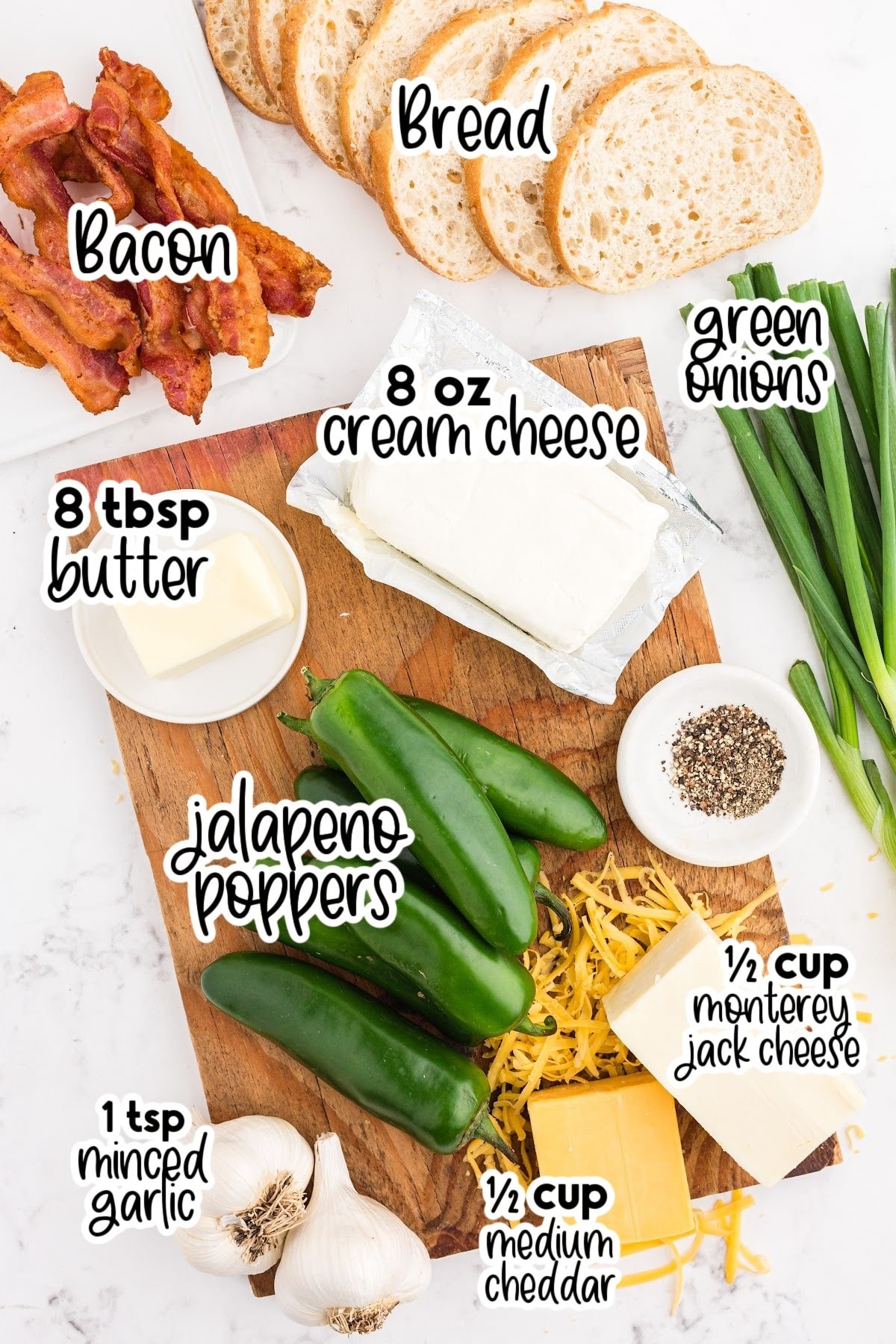 Individual ingredients for jalapeno popper grilled cheese sandwiches with text labels.