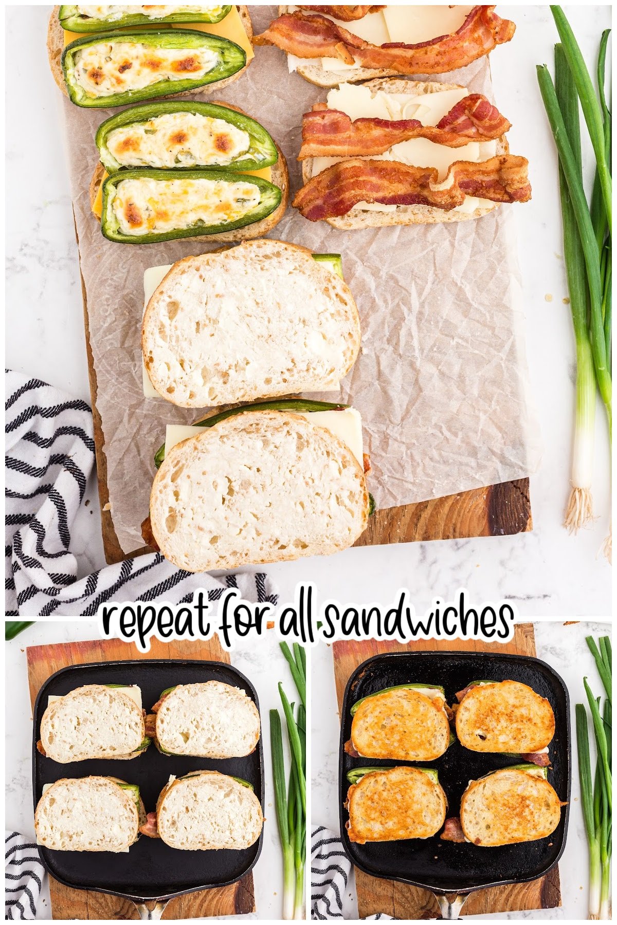 Collage of assembled jalapeño popper cheese sandwiches being grilled on a skillet.