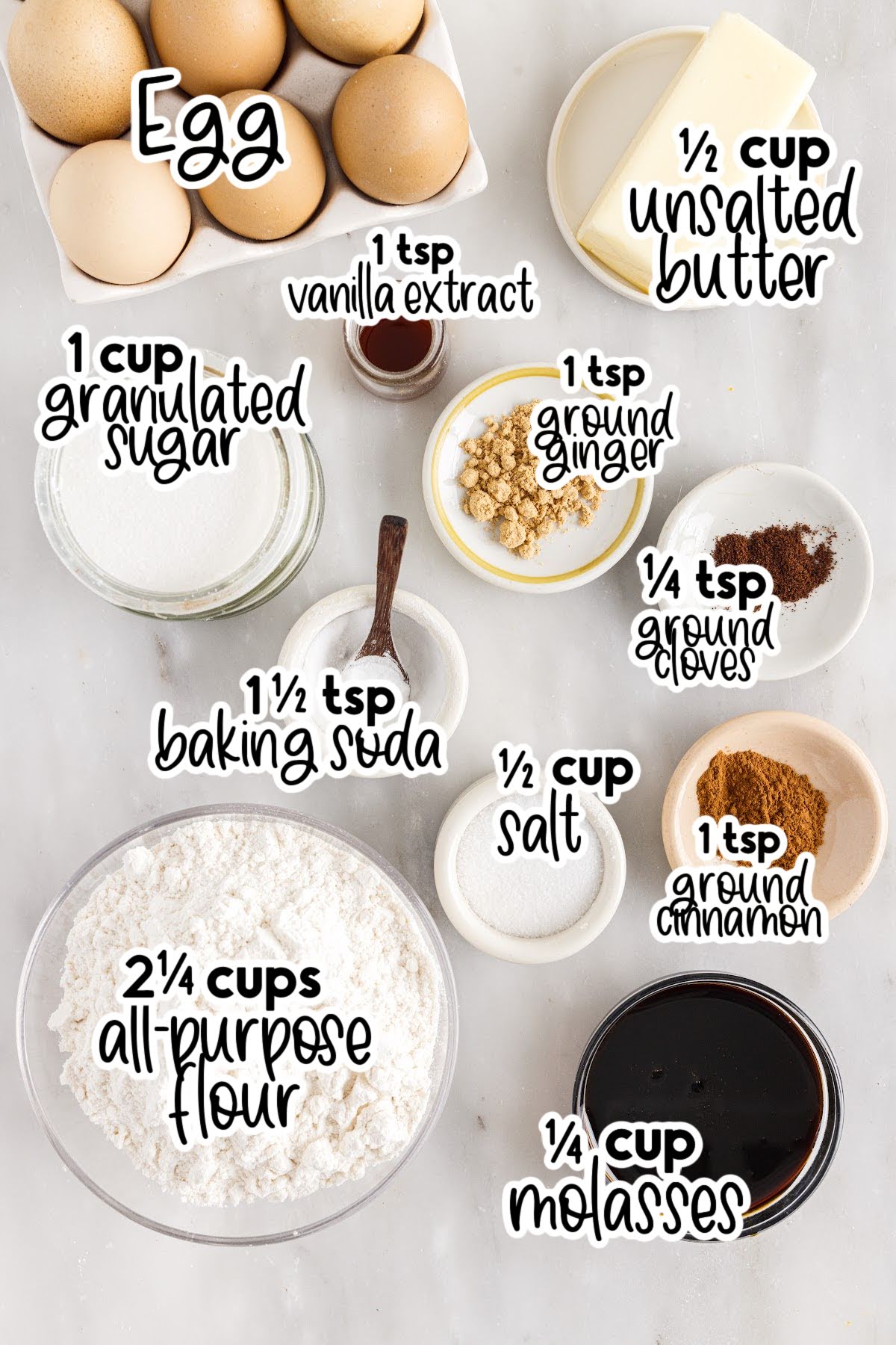 Individual ingredients for molasses crinkle cookies with text labels.