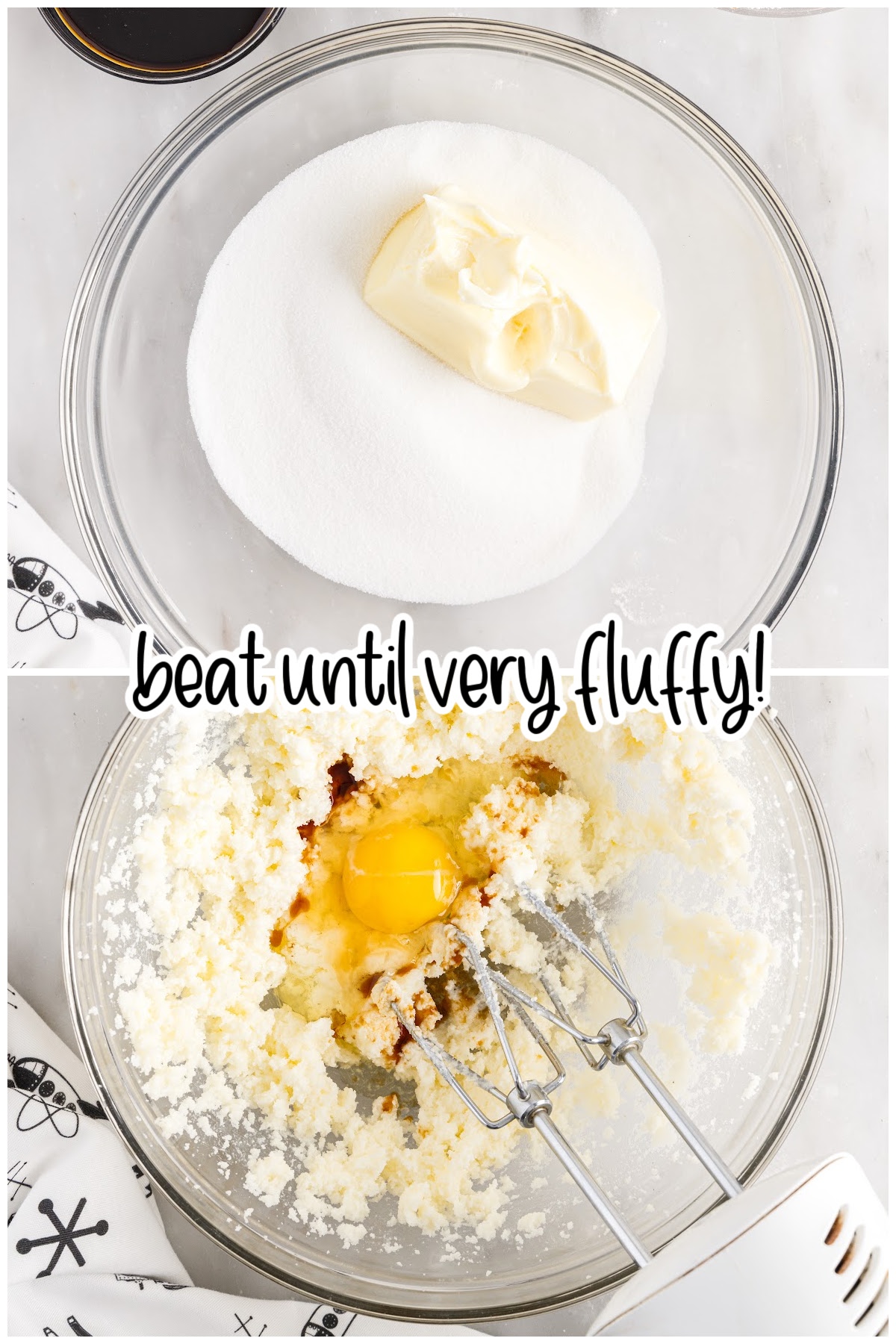 Butter and sugar in mixing bowl, then egg and vanila added to mixing bowl with text overlay "beat until very fluffy."