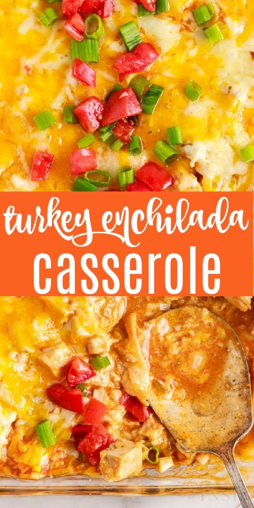 close up view of turkey enchilada casserole with a spoon inserted