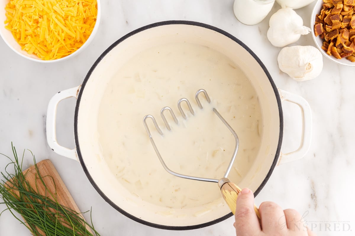 potato masher in dutch oven additional ingredients needed to make bacon cheddar potato soup