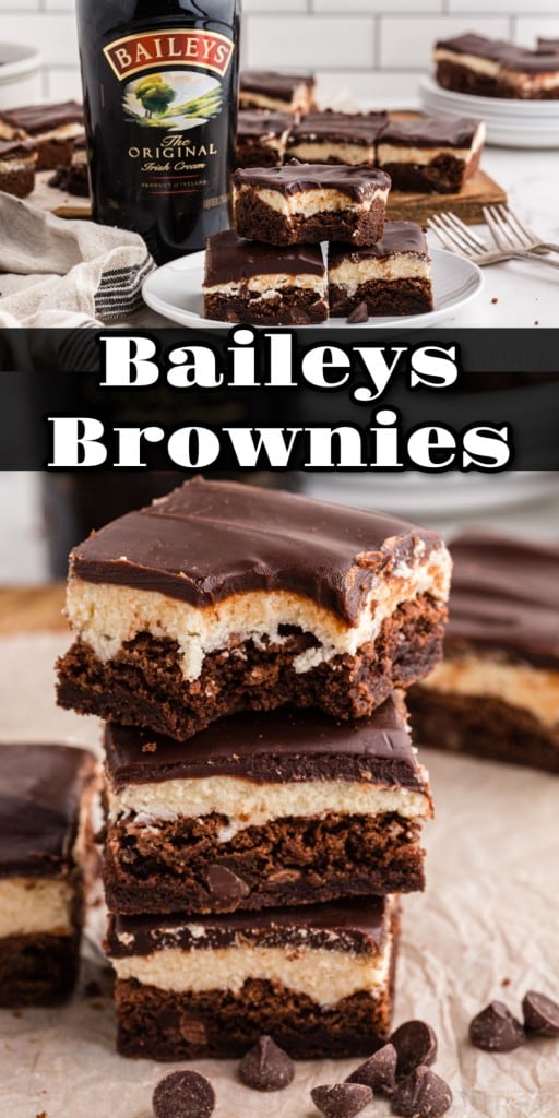 Stacked Baileys brownies on parchment paper on a wooden kitchen board, bottle of Bailey's Irish cream, loose chocolate chips.