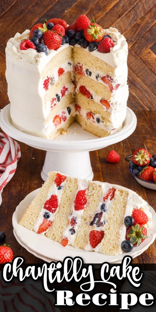 a slice of chantilly cake on two plates next to a bowl of berries and chantilly cake on a cake stand