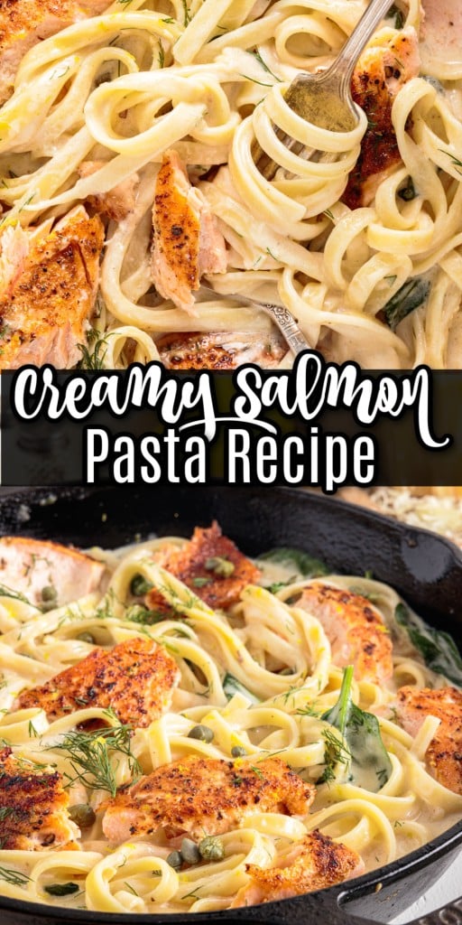 zoomed in view of creamy salmon pasta with a fork and pasta in a skillet