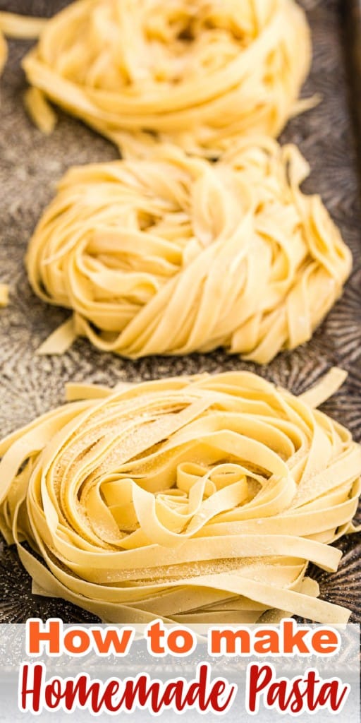 three circular stacks of homemade pasta on a baking sheet