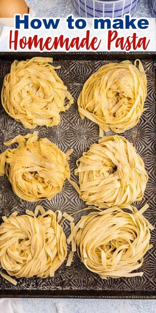 top view of six stacks of homemade pasta on a baking sheet