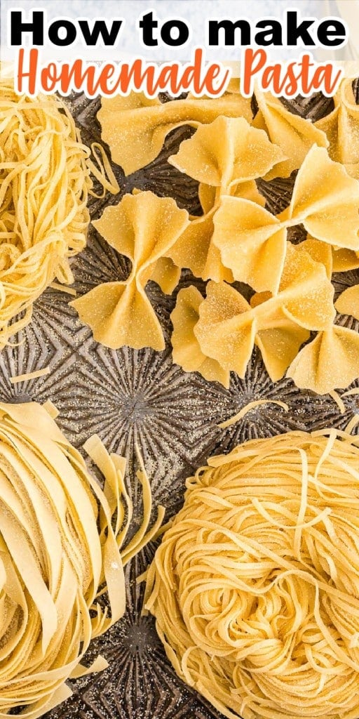 Various shapes of uncooked homemade pasta stacked in four different corners of a baking dish