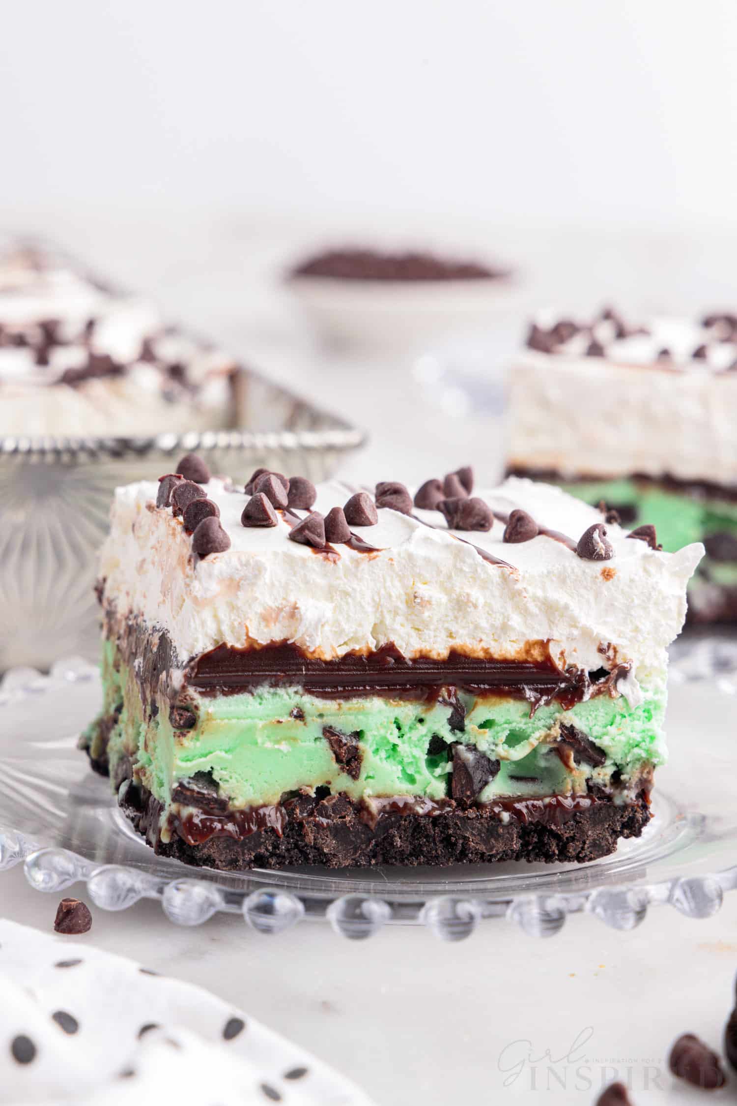 front view of a slice of mint chocolate chip ice cream cake
