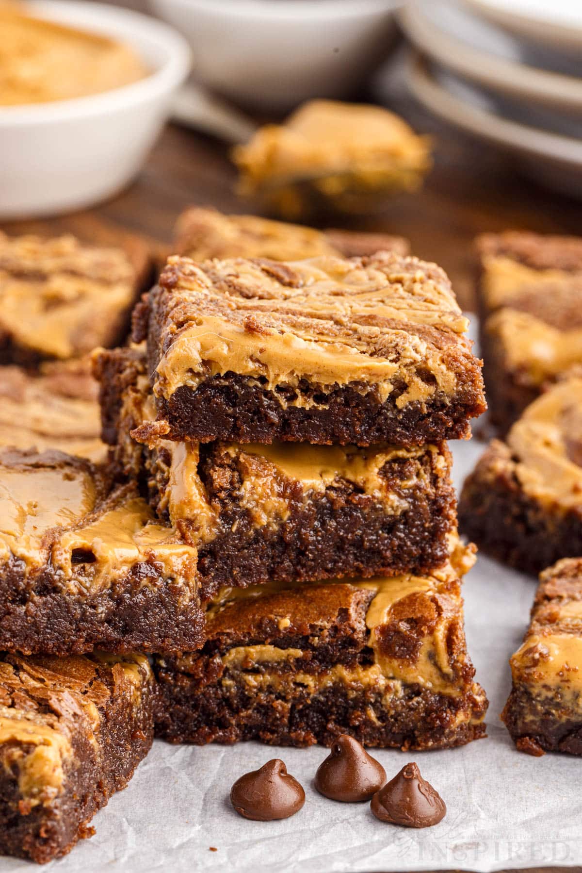 front view of stacked peanut butter brownies