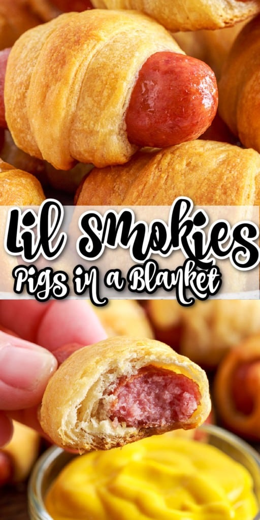 Close up of lill smokies pigs in a blanket with a bite taken from one of the smokies and mustard sauce in a dish in the background