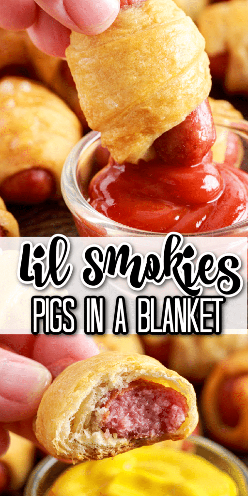 lill smokies pigs in a blanket in a close up shot and missing a bite, held in a hand with ketchup am mustard in small dishes in the background