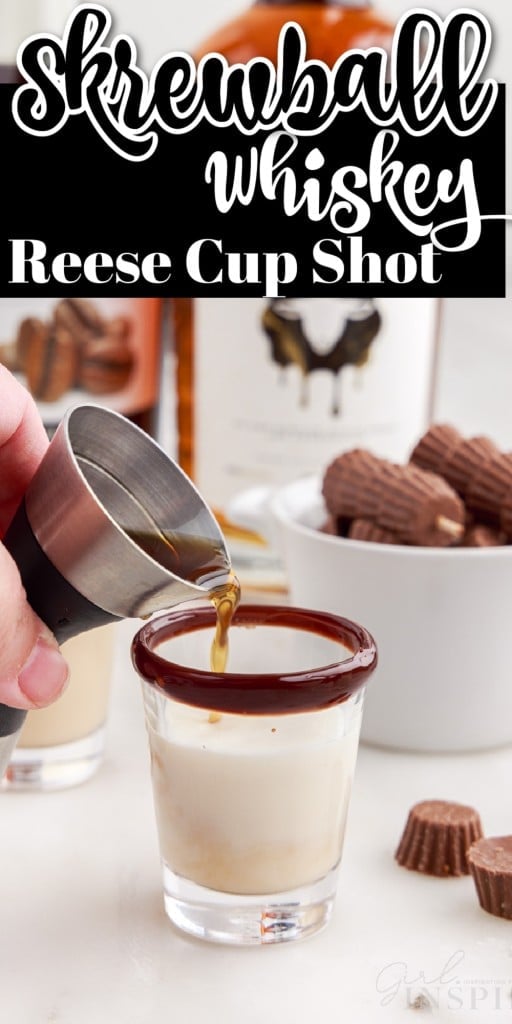 a shot glass of skrewball whiskey reese cup shot with mini peanut butter cups