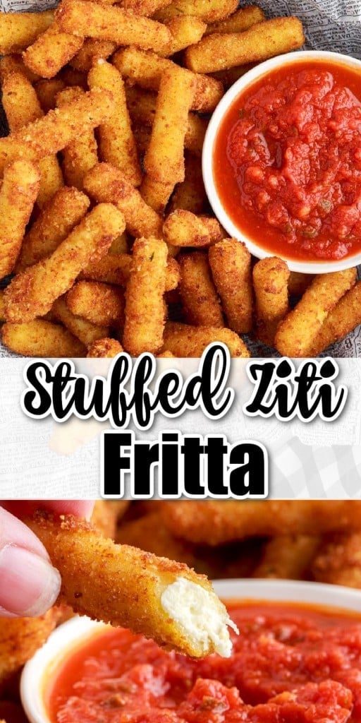 a plate full of stuffed ziti fritta served with a small bowl of sauce and a close up of half eaten stuffed ziti fritta