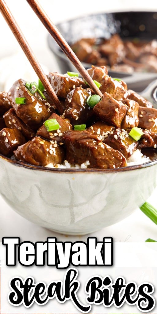 Teriyaki Steak Bites in a serving bowl with two chopsticks inserted