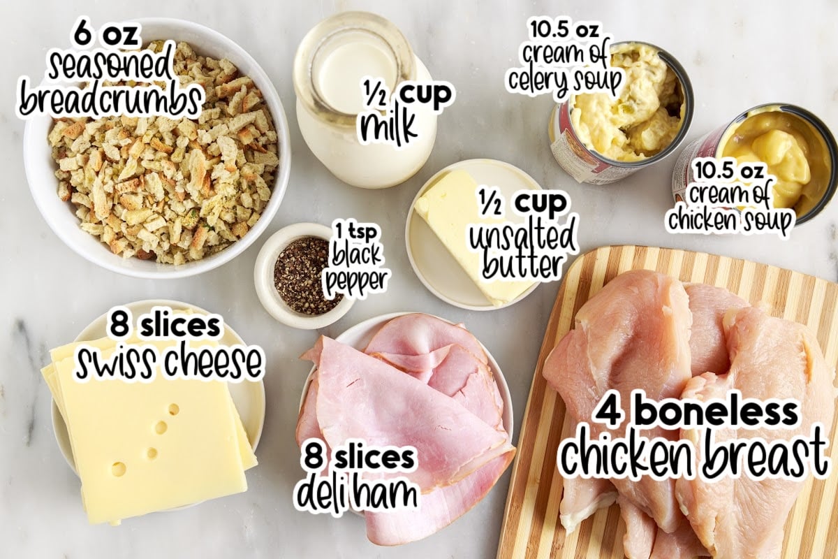 Ingredients needed to make crockpot chicken cordon bleu, with text labels.