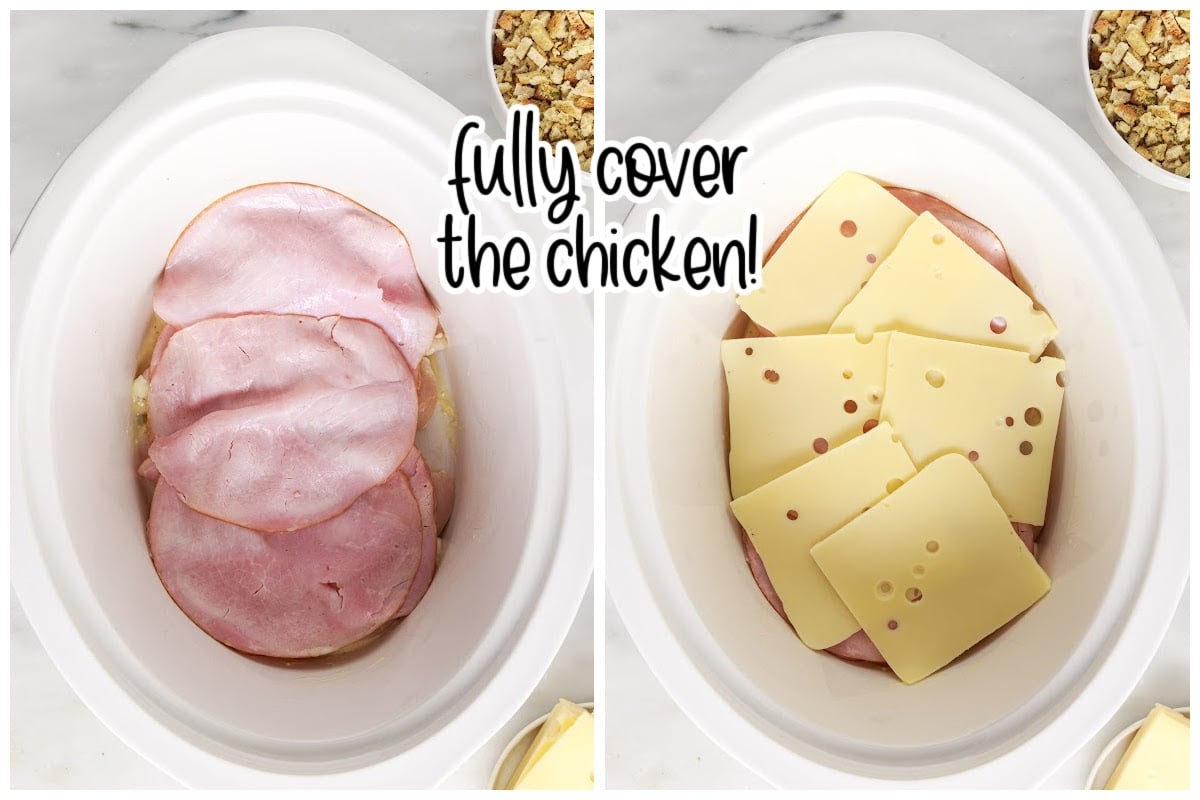 Slices of ham and slices of swiss cheese layered over chicken in crockpot.