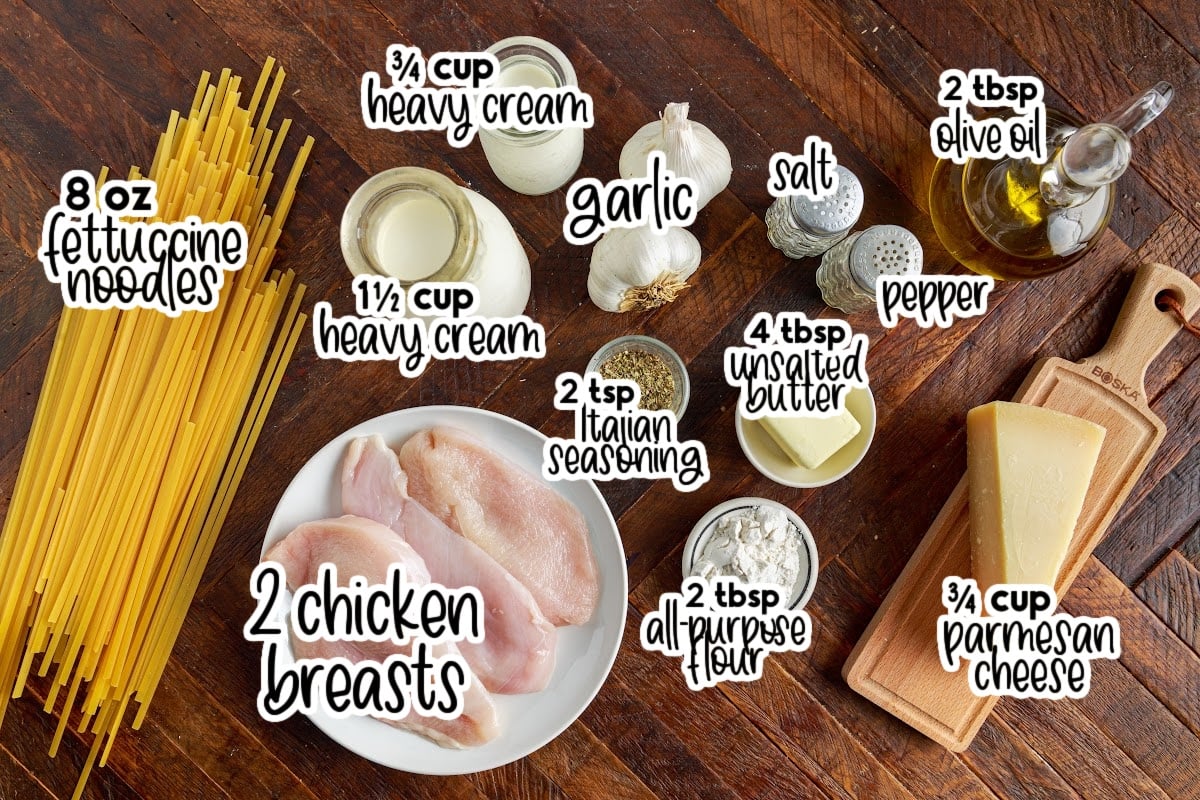 Ingredients needed to make grilled chicken alfredo with text labels.