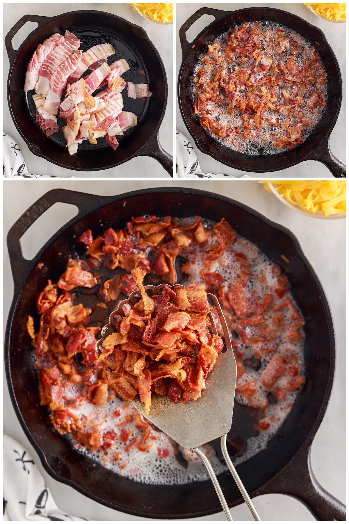 Chopped bacon pieces raw and then cooked in cast iron skillet.