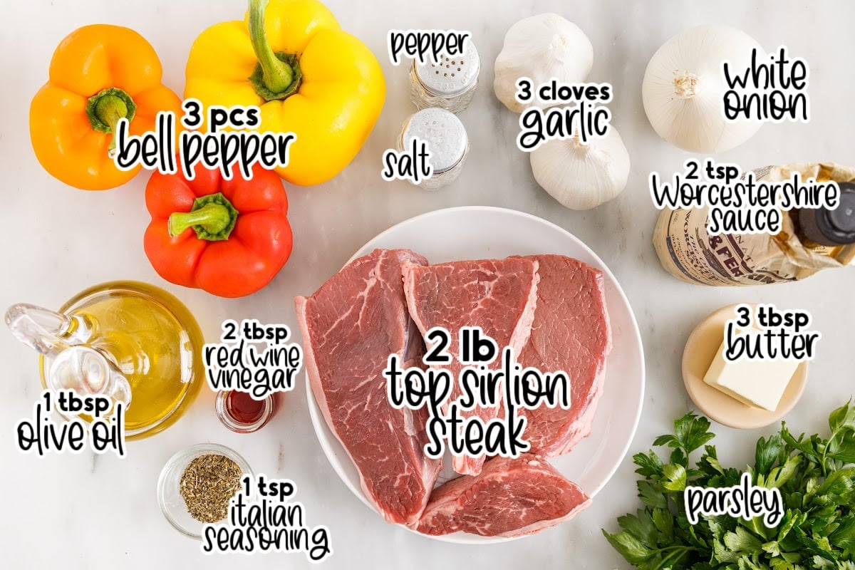 
Ingredients needed to make steak with peppers and onions.