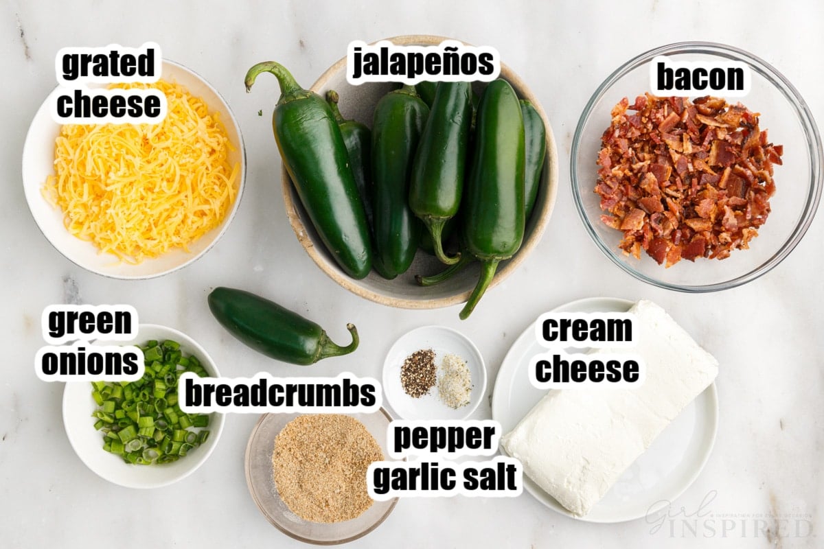 ingredients needed to make air fryer jalapeno poppers with text labels.