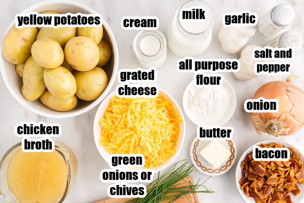 Ingredients needed to make bacon cheddar potato soup with text labels.