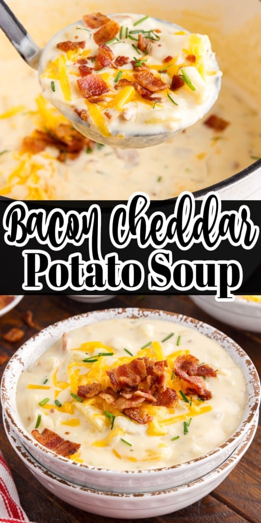 front view of a ladle full of bacon cheddar potato soup and a white stacked bowls of soup on wooden counter top