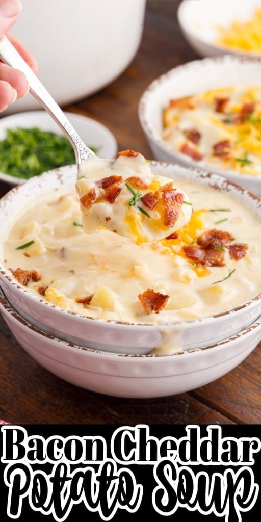 bacon cheddar potato soup in bowls with a spoon lifting soup out