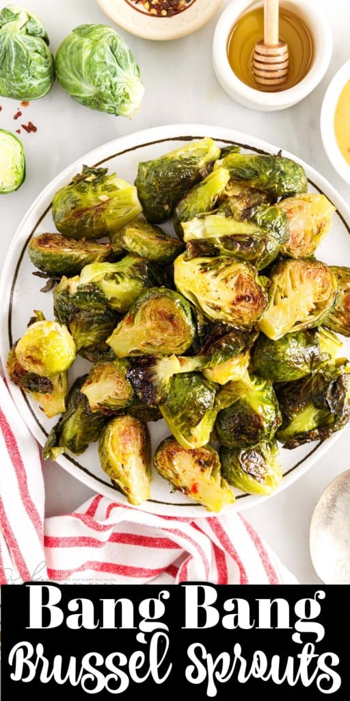Overhead of Bang Bang Brussel Sprouts on a white plate.