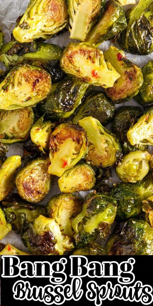 Overhead of sheet pan full of finished Brussels sprouts ready to serve.