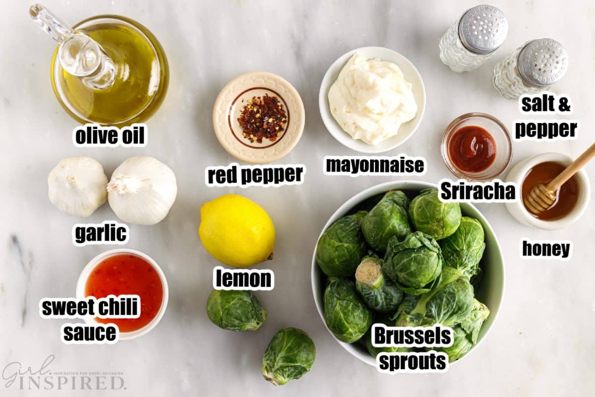 Individual ingredients for Bang Bang Brussels sprouts.
