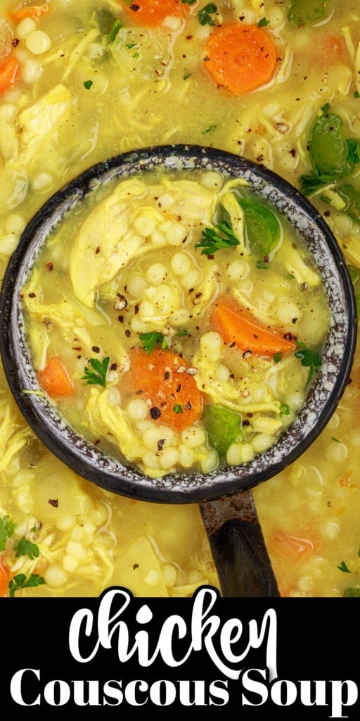 Close up of a Ladle of chicken couscous soup over dutch oven.